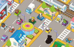 道路と町並みのイラスト