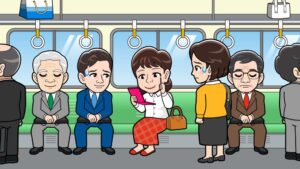電車の中でメイクする人のイラスト