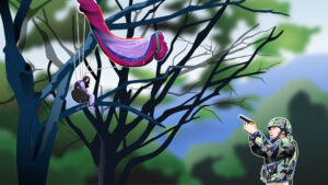 木に引っかかっているシーン