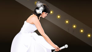 マイクを置く山口百恵さん