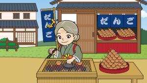 お団子を潰しておせんべいを作る様子