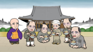 お寺で蕎麦がきを食べる様子