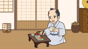 お膳でご飯を食べる武士