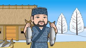 アイヌ民族が鮭を持つイラスト