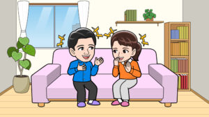 ソファーで楽しくしているカップル