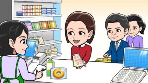 レジでいちごのサンドイッチを買う女性