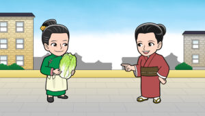 中国人の女性から白菜をもらう