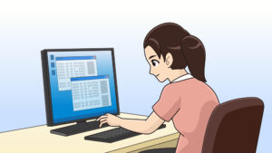 前かがみでパソコンを見る女性