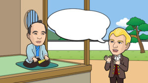 外国人がお侍さんに話をする