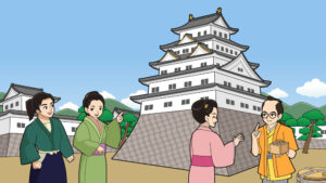 大きなお城の前で