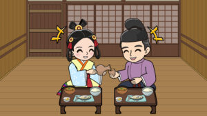 奈良時代に夫婦で食事する様子