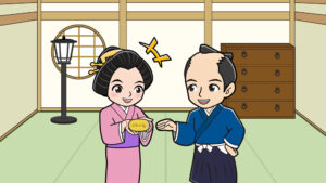 武士がお金をあげる様子