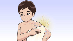 汚れたタオルで体を拭く