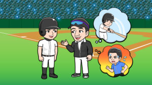 野球場で練習を褒めるコーチの様子