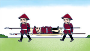 槍で負傷者を運ぶ様子