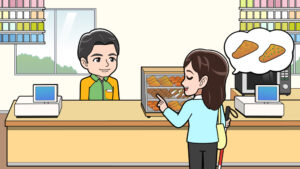 盲目の方がコンビニで注文する様子