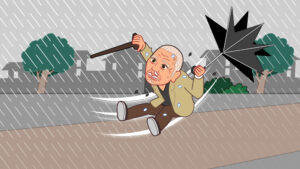 台風に飛ばされそうな大悟