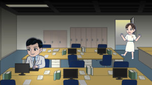 節電して仕事をする様子