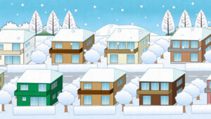 雪が降る町並み